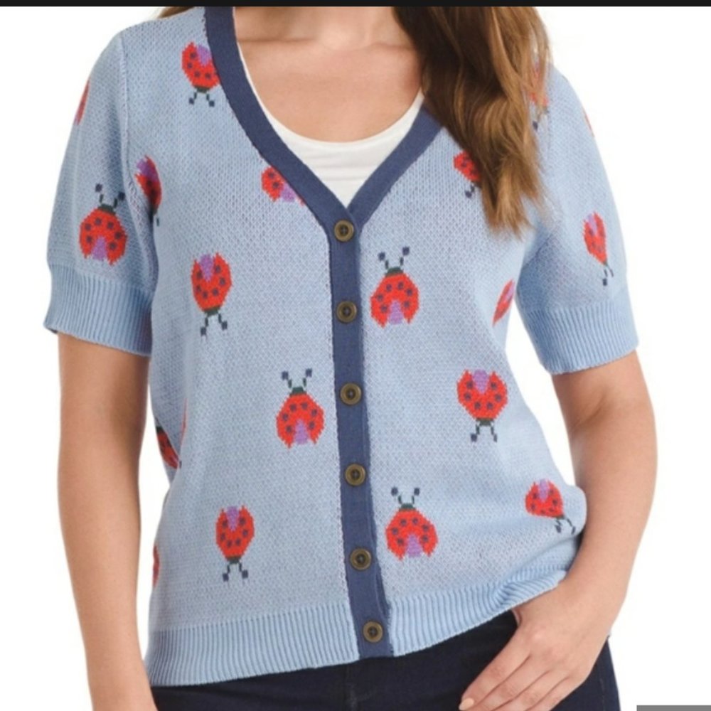 Modcloth Ladybug Cardigan V Neck Sweater Retro Vintage XL